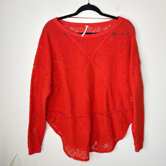 Free People Not Cold in This Top Red Long Sleeve Lacey Oversized Size Small Boho - Picture 2 of 13
